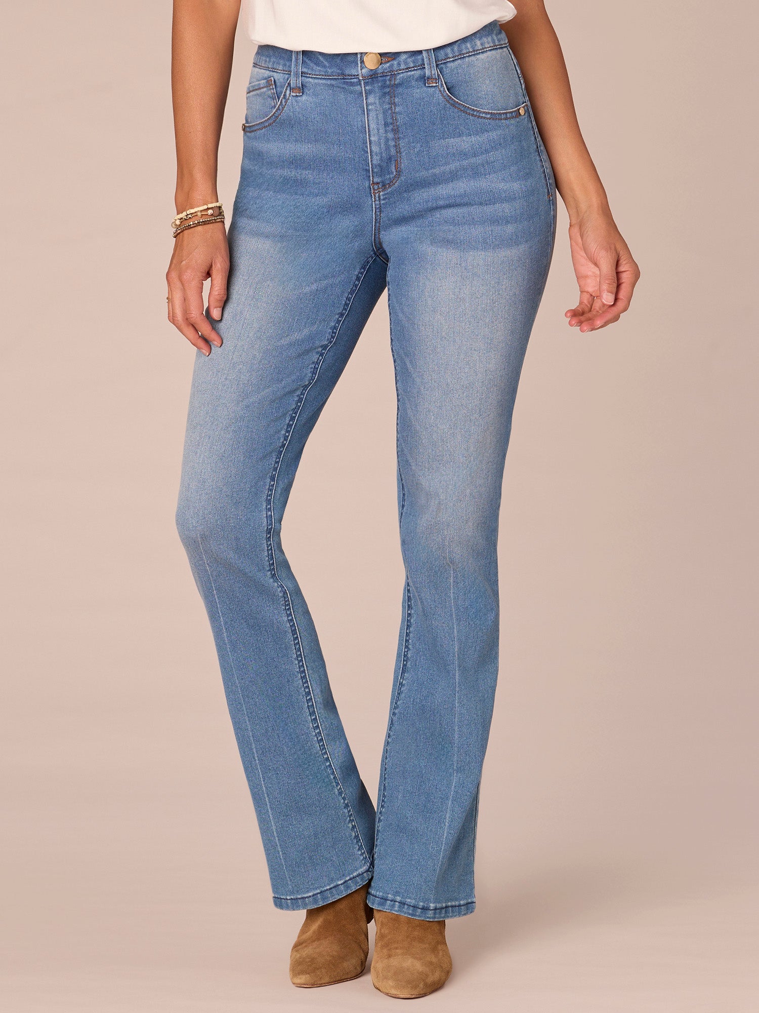 "Ab"solution High Rise Embroidered Cascading D Itty Bitty Boot Jeans