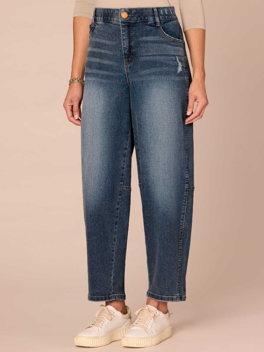 "Ab"solution® Skyrise Uneven Yoke Petite Relaxed Barrel Leg Jeans