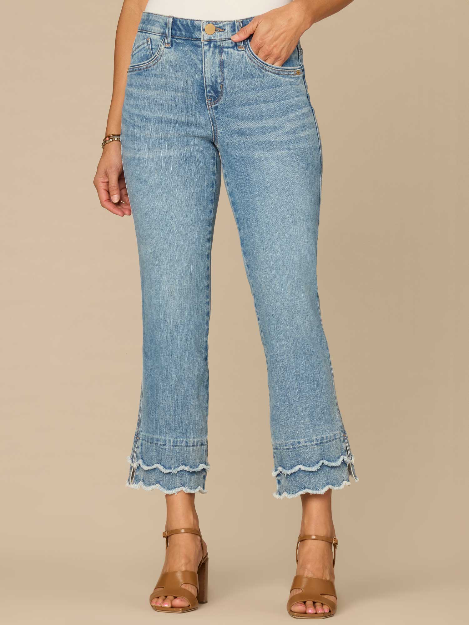 "Ab"solution® Mid-Rise Double Layered Scallop Fray Hem Kick Flare Jean