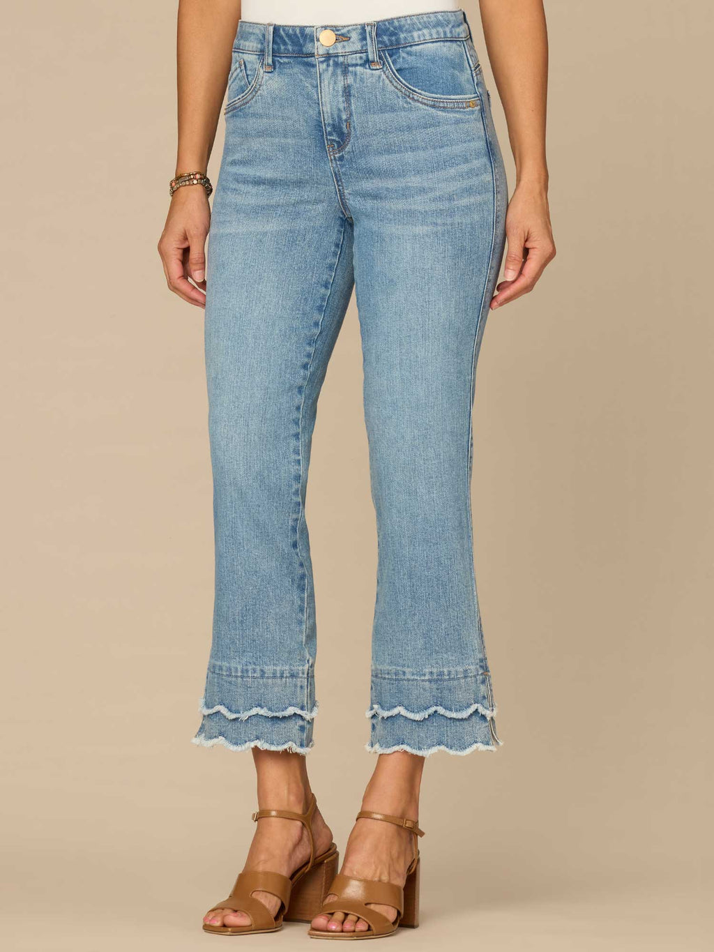 "Ab"solution® Mid-Rise Double Layered Scallop Fray Hem Kick Flare Jean