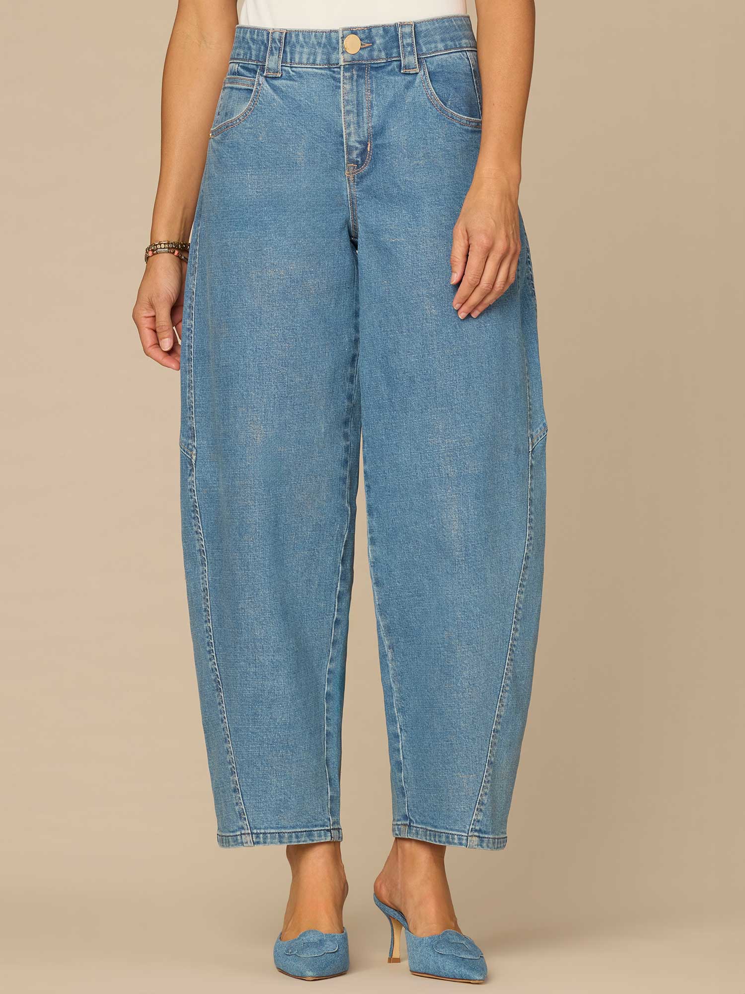 "Ab"solution® High Rise Side Panel Barrel Leg Jeans with Snap Hem