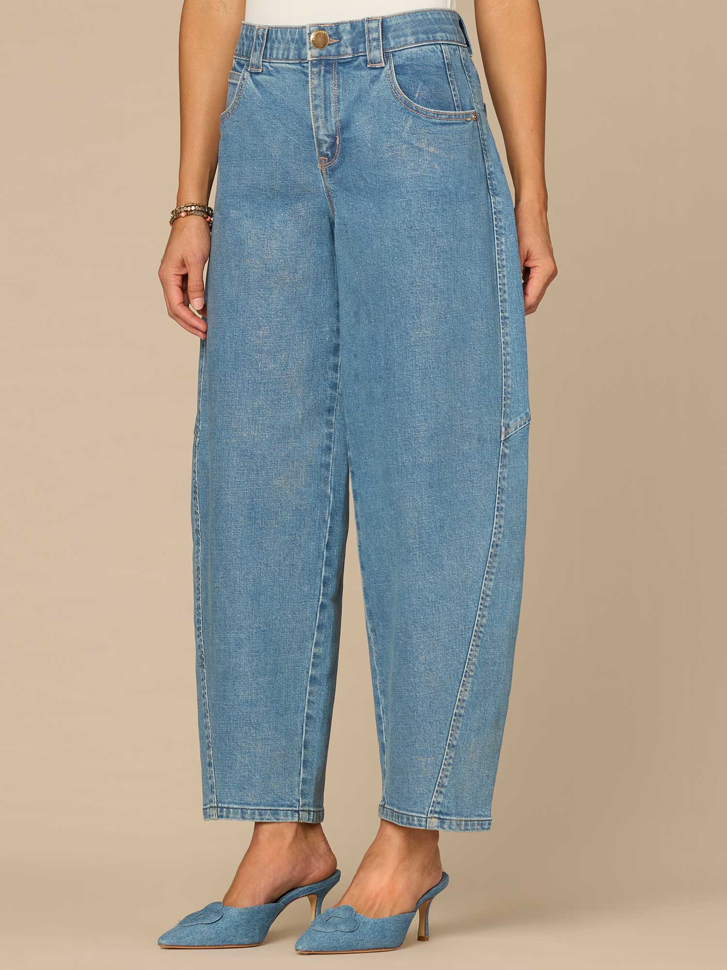 "Ab"solution® High Rise Side Panel Barrel Leg Jeans with Snap Hem
