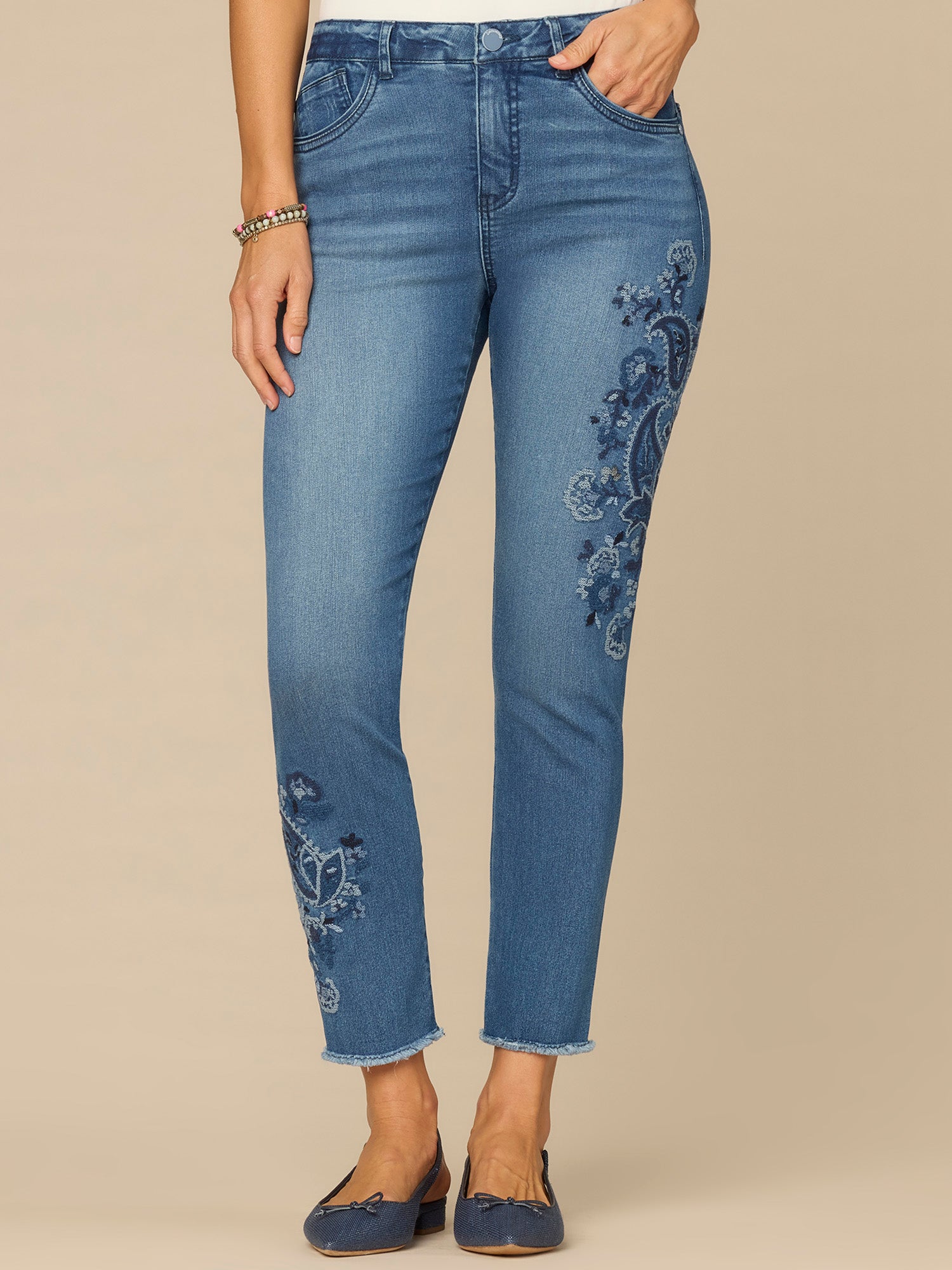 "Ab"solution® High Rise Ankle Skimmer Jeans with Paisley Embroidery