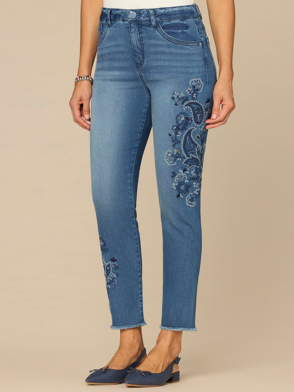 "Ab"solution® High Rise Ankle Skimmer Jeans with Paisley Embroidery
