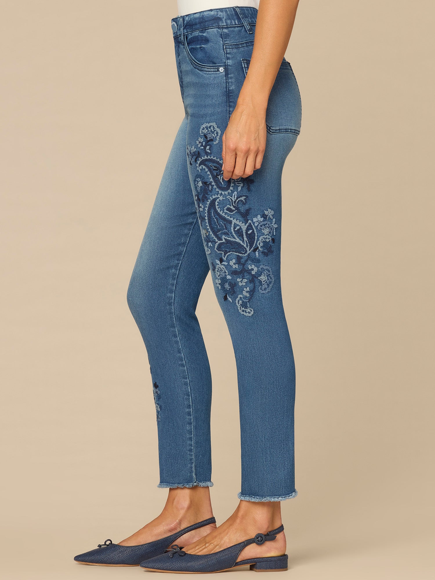 "Ab"solution® High Rise Ankle Skimmer Jeans with Paisley Embroidery