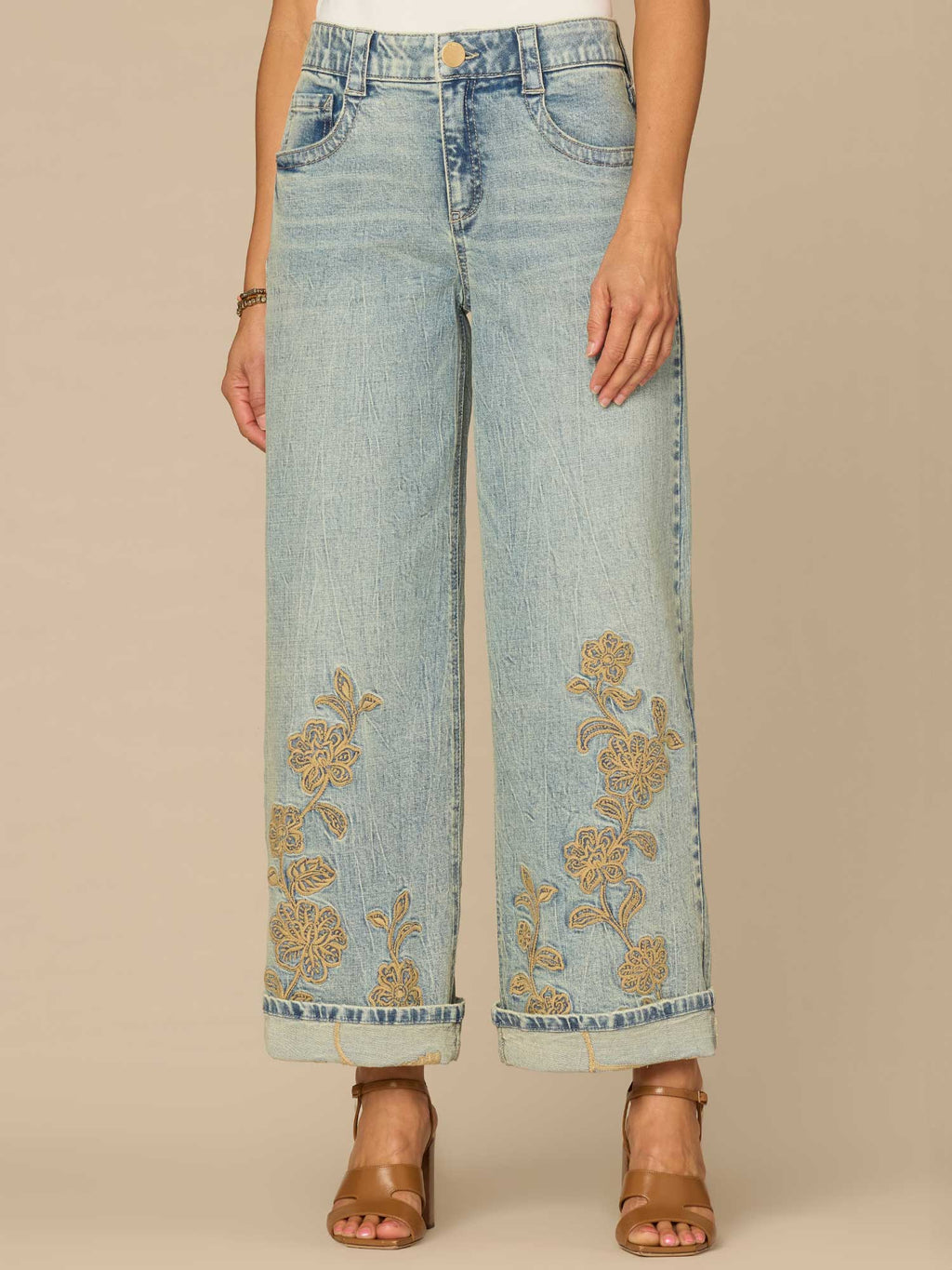 "Ab"solution® High Rise Cuffed Wide Leg Jeans with Floral Embroidery