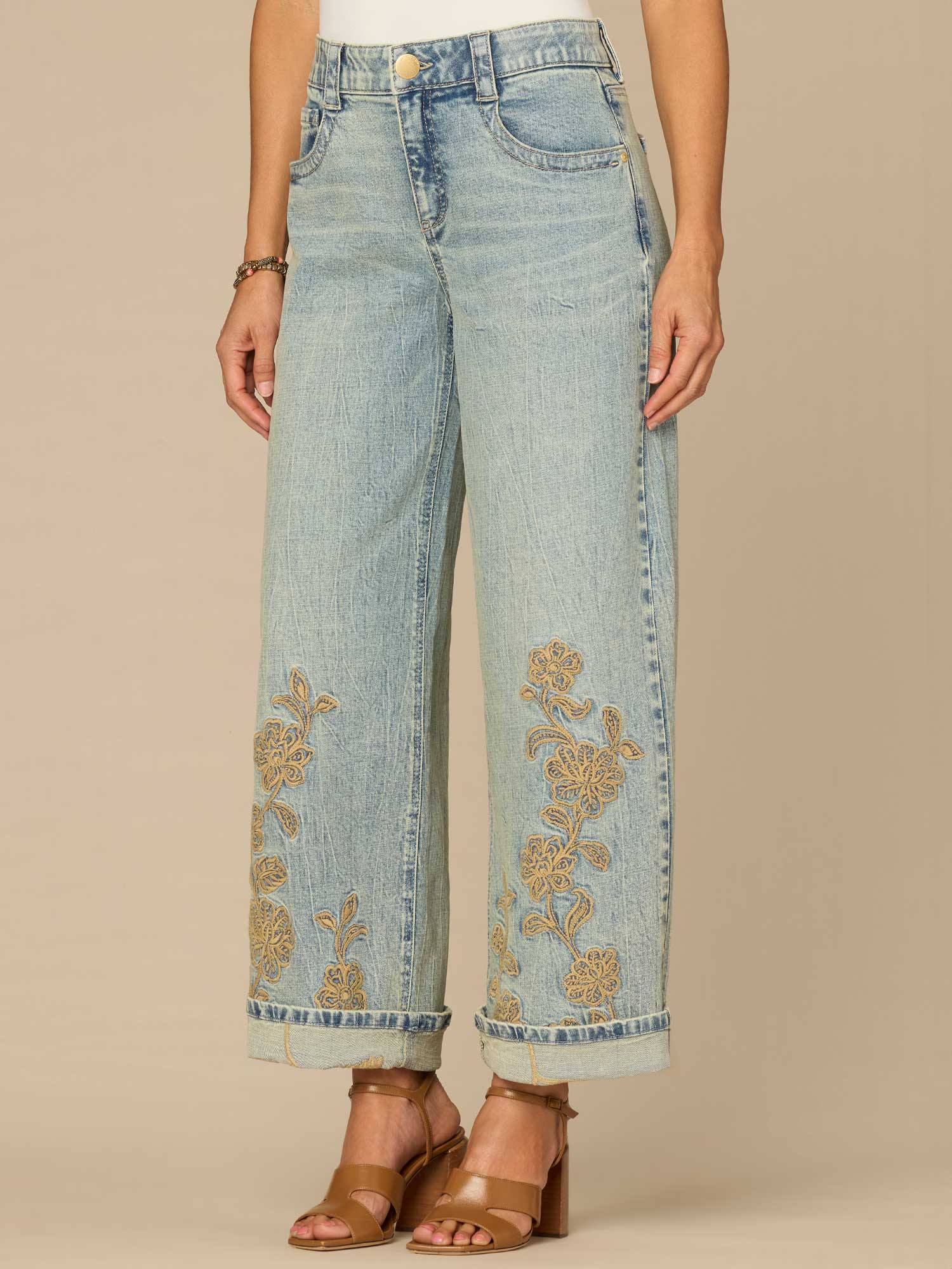 "Ab"solution® High Rise Cuffed Wide Leg Jeans with Floral Embroidery