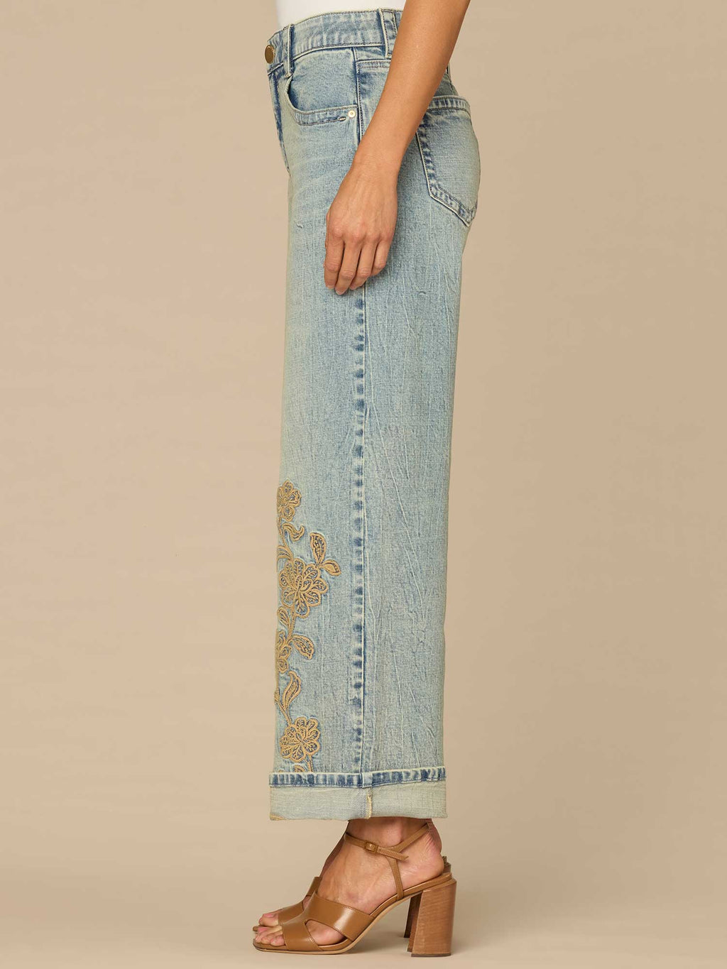 "Ab"solution® High Rise Cuffed Wide Leg Jeans with Floral Embroidery