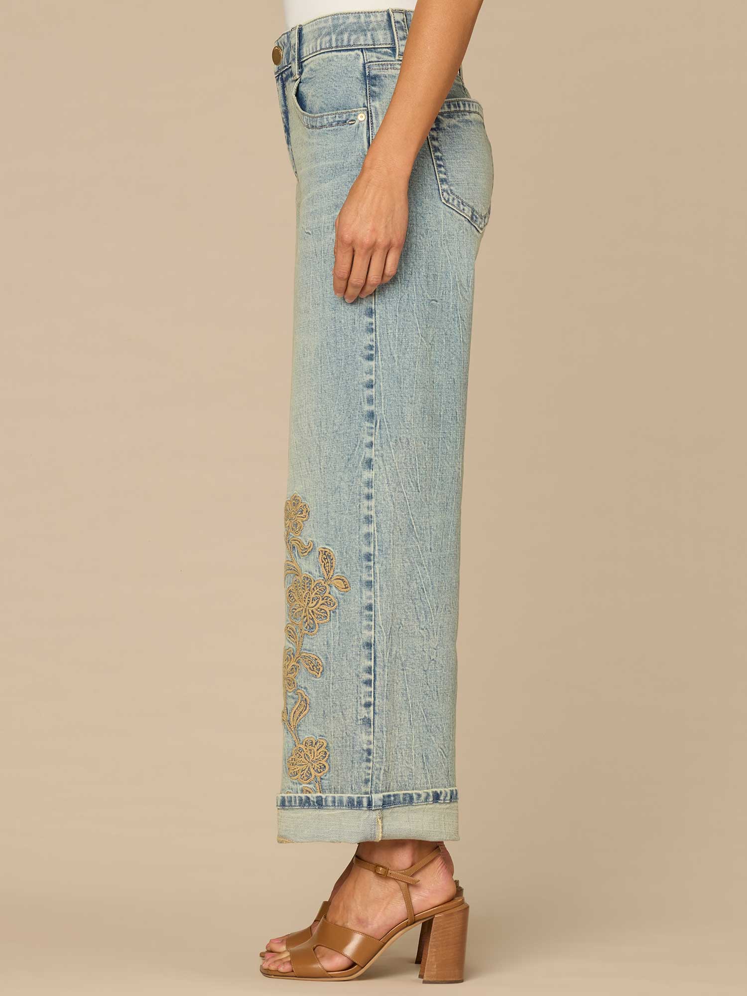 "Ab"solution® High Rise Cuffed Wide Leg Jeans with Floral Embroidery