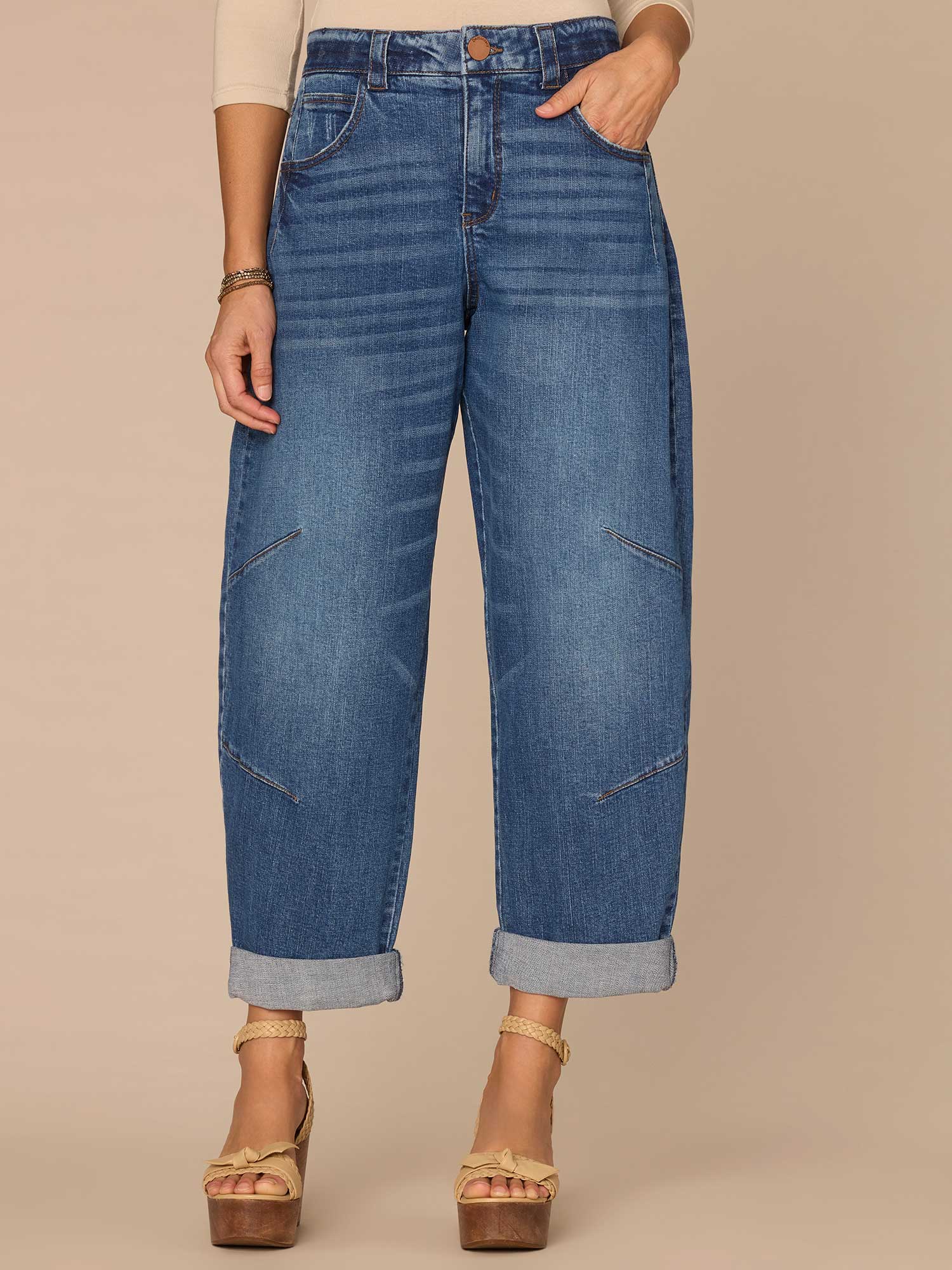 "Ab"solution® Skyrise Roll Cuff Barrel Leg Jeans with Knee Darts