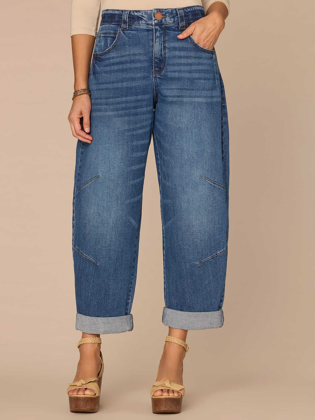"Ab"solution® Skyrise Roll Cuff Petite Barrel Leg Jeans with Knee Dart