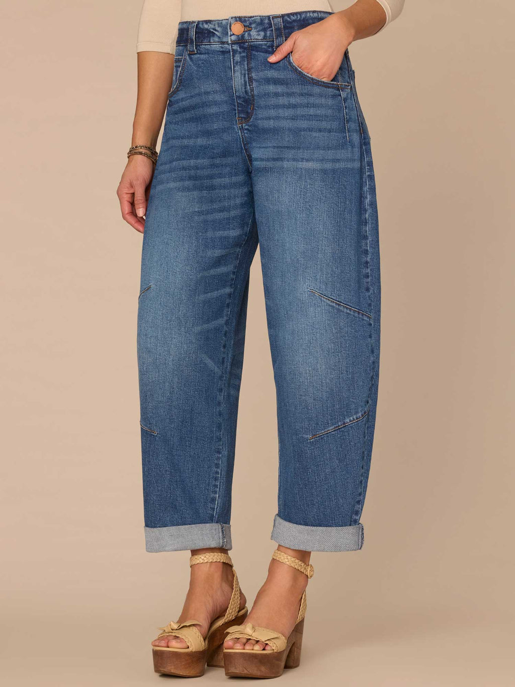 "Ab"solution® Skyrise Roll Cuff Barrel Leg Jeans with Knee Darts