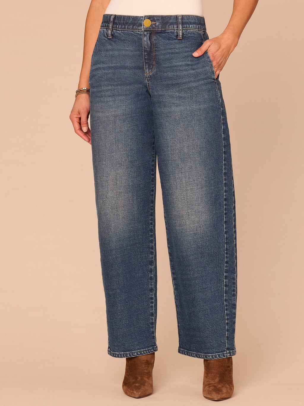 "Ab"solution® High Rise Overlap V-Yoke Side Panel Barrel Leg Jeans