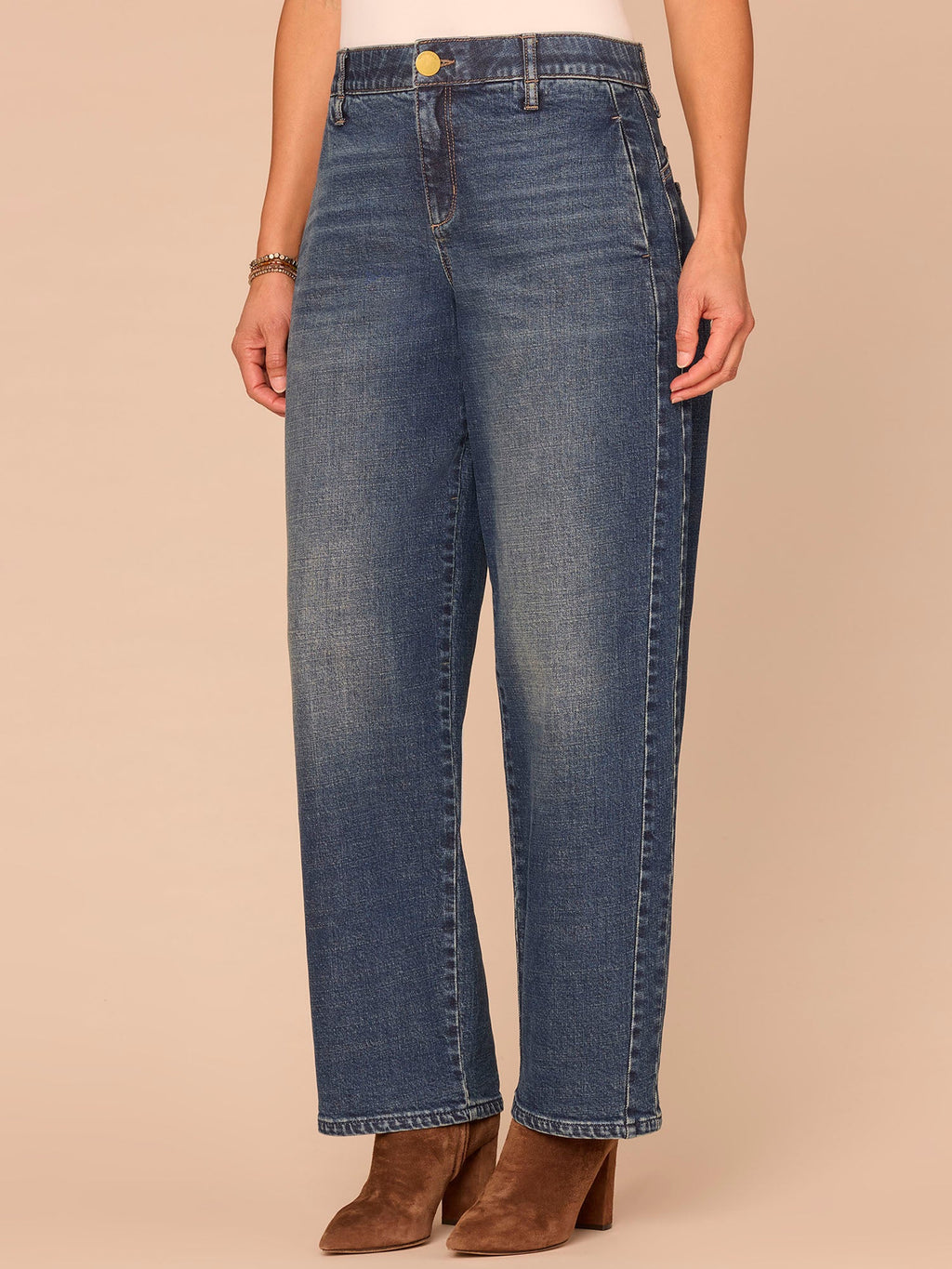 "Ab"solution® High Rise Overlap V-Yoke Side Panel Barrel Leg Jeans