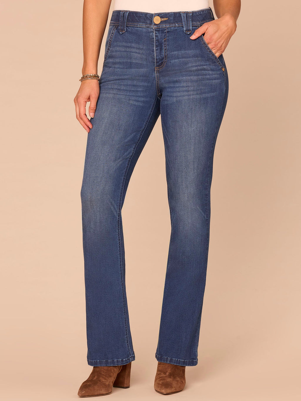 "Ab"solution® High Rise 3D Embroidered Pocket Itty Bitty Boot Jeans