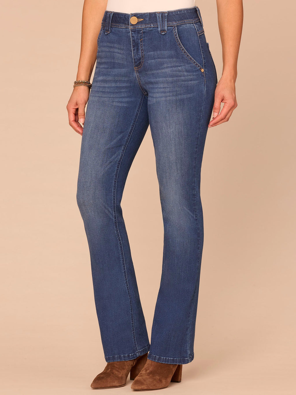 "Ab"solution® High Rise 3D Embroidered Pocket Itty Bitty Boot Petite Jeans
