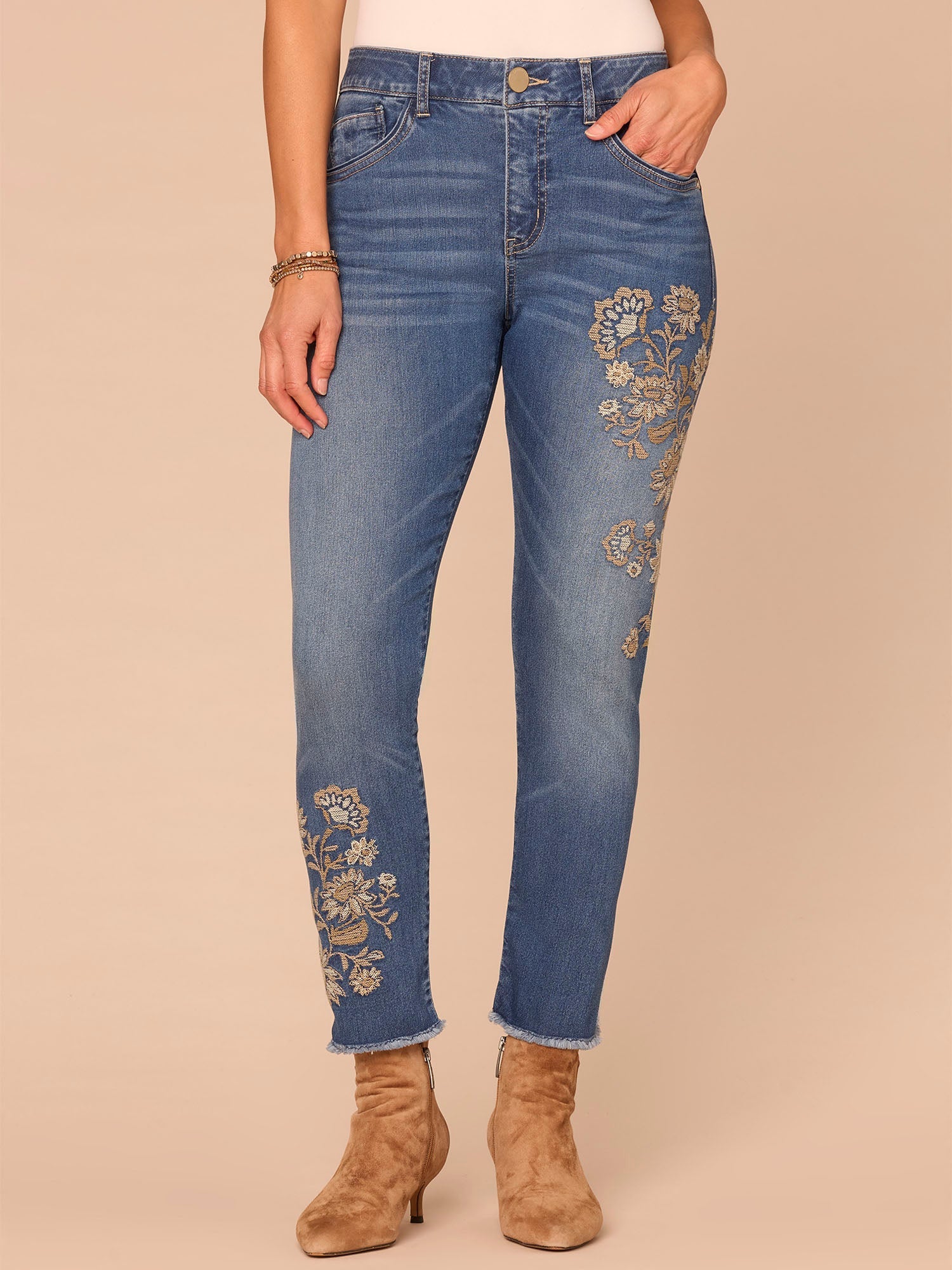 "Ab"solution® High Rise Seamless Floral Embroidered Ankle Skimmer Jean