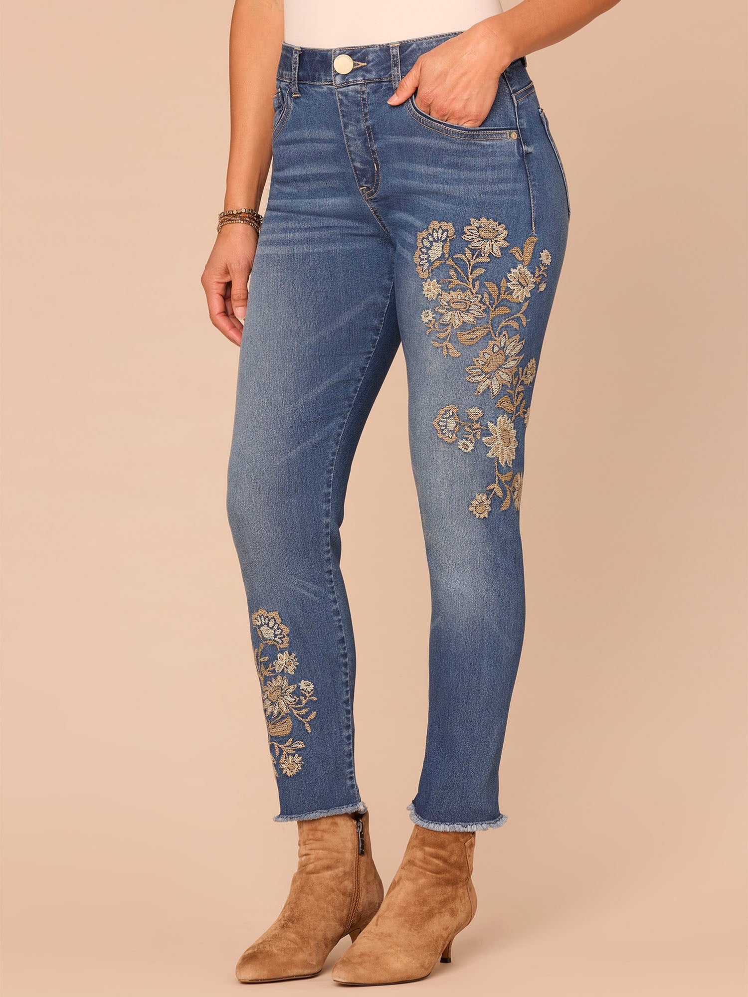 "Ab"solution® High Rise Seamless Embroidered Ankle Skimmer Petite Jean