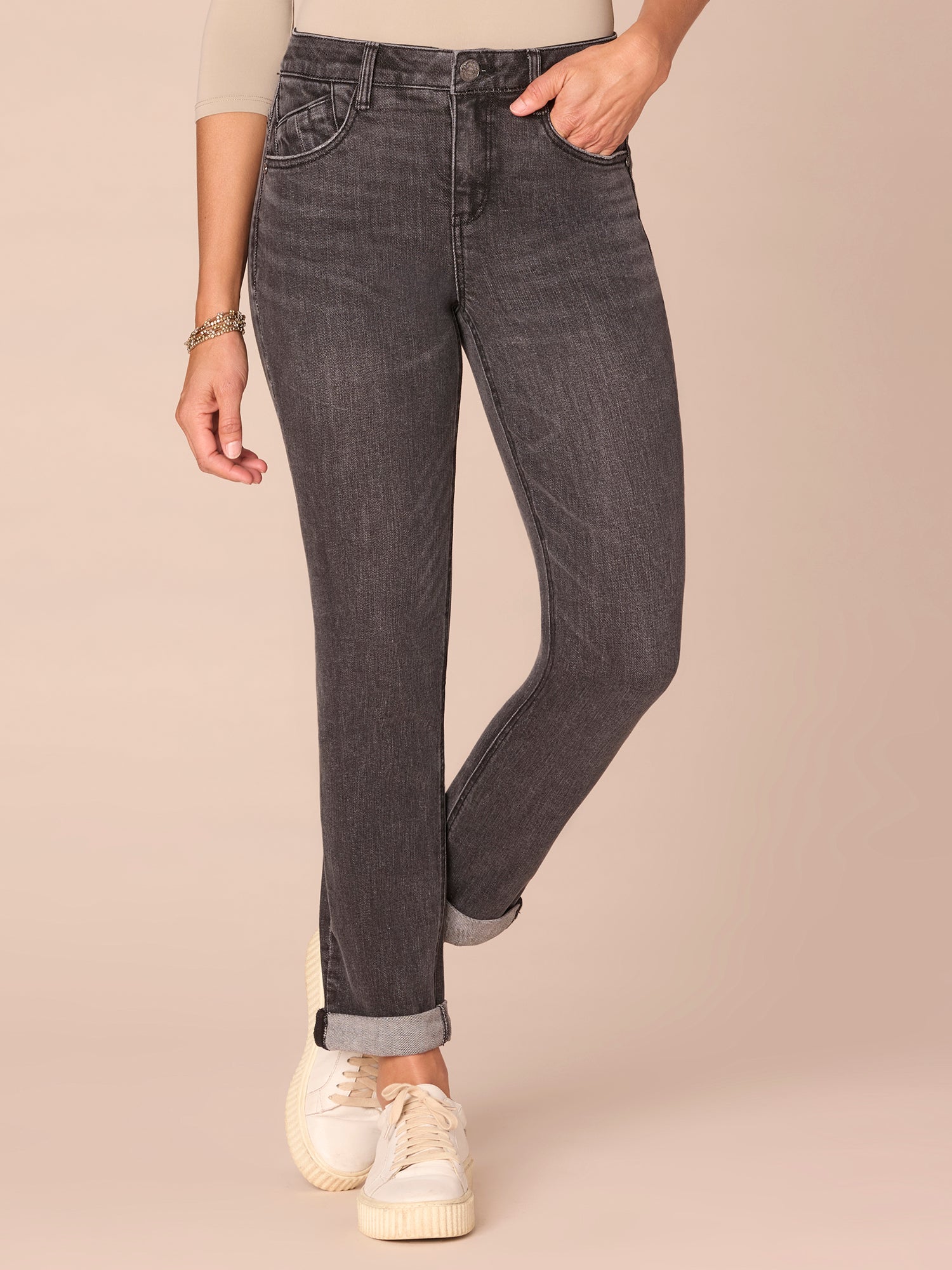 "Ab"solution® Mid-Rise Petite Girlfriend Jeans with Roll Cuff