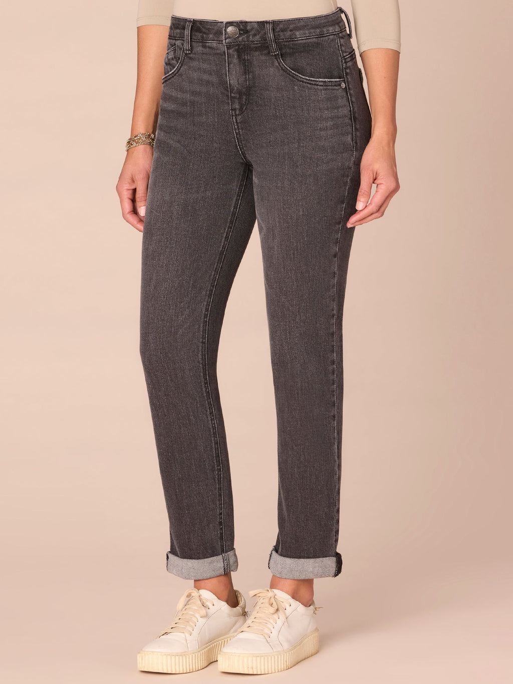 "Ab"solution® Mid-Rise Petite Girlfriend Jeans with Roll Cuff