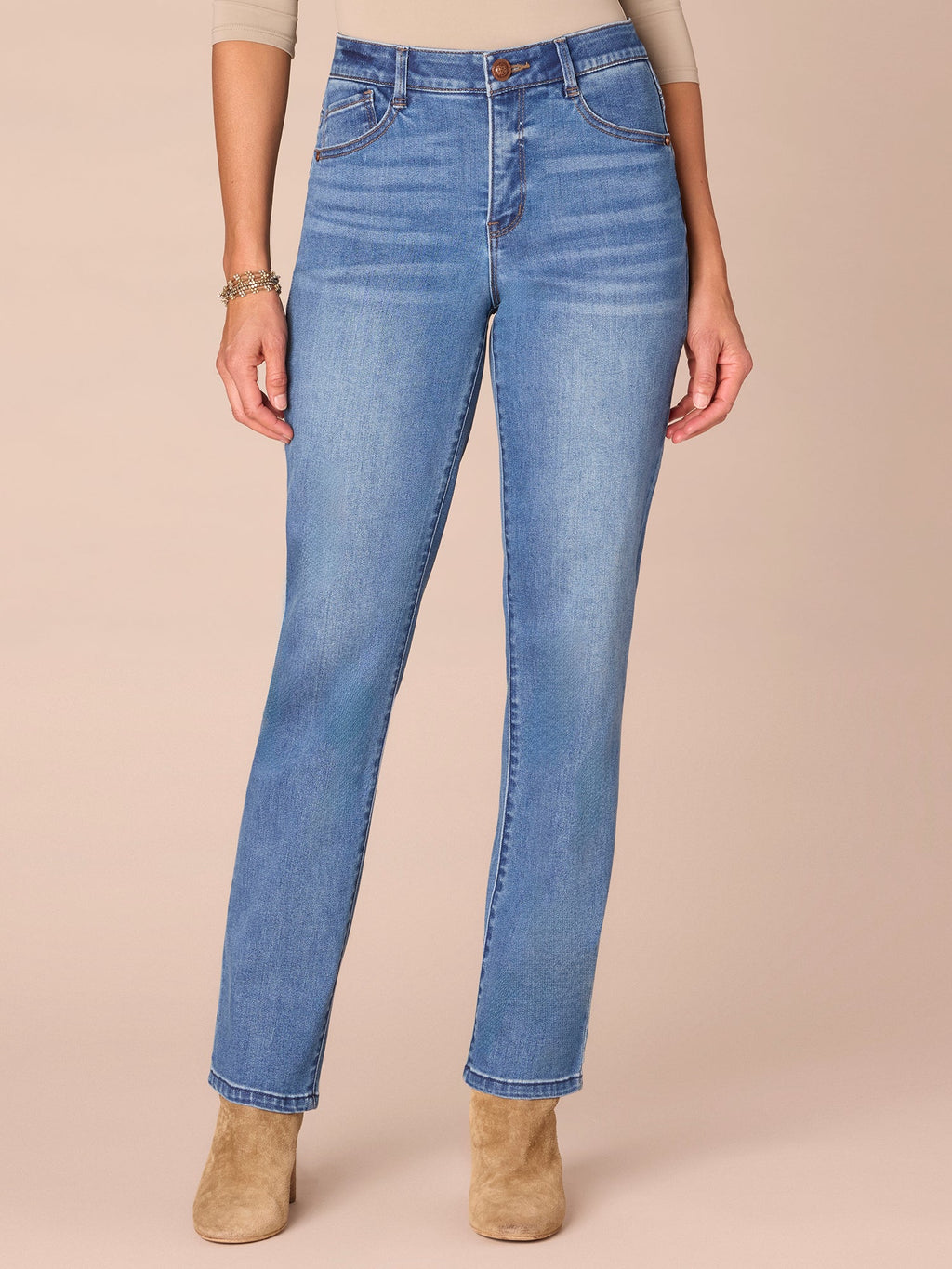 "Ab"solution® High Rise Petite Straight Leg Jeans in Mid Blue