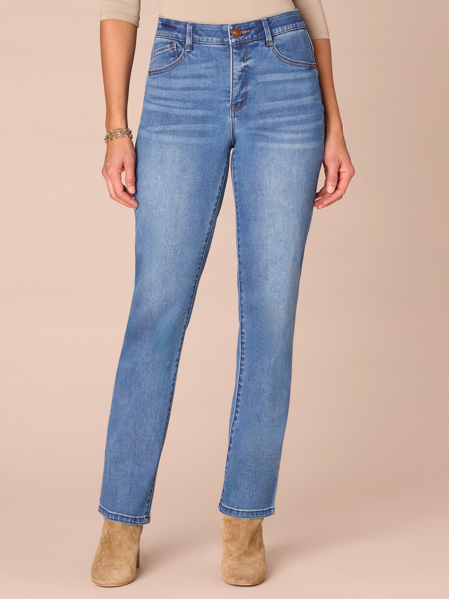 "Ab"solution® High Rise Petite Straight Leg Jeans in Mid Blue