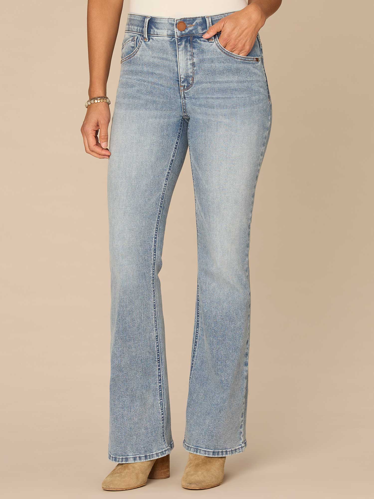 "Ab"solution® High Rise Out There Flare Jeans in Light Blue