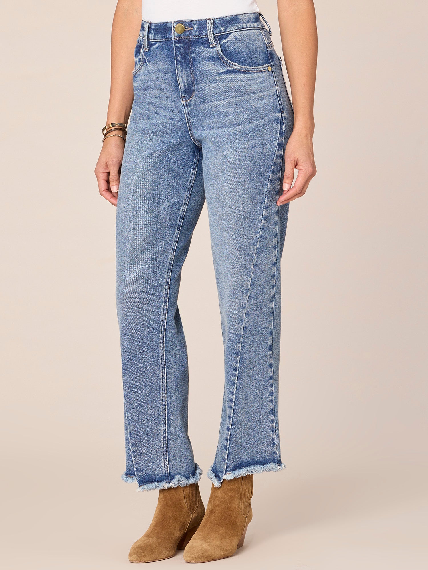 "Ab"solution High Rise Ankle Length Straight Leg Jeans with Fray Hem