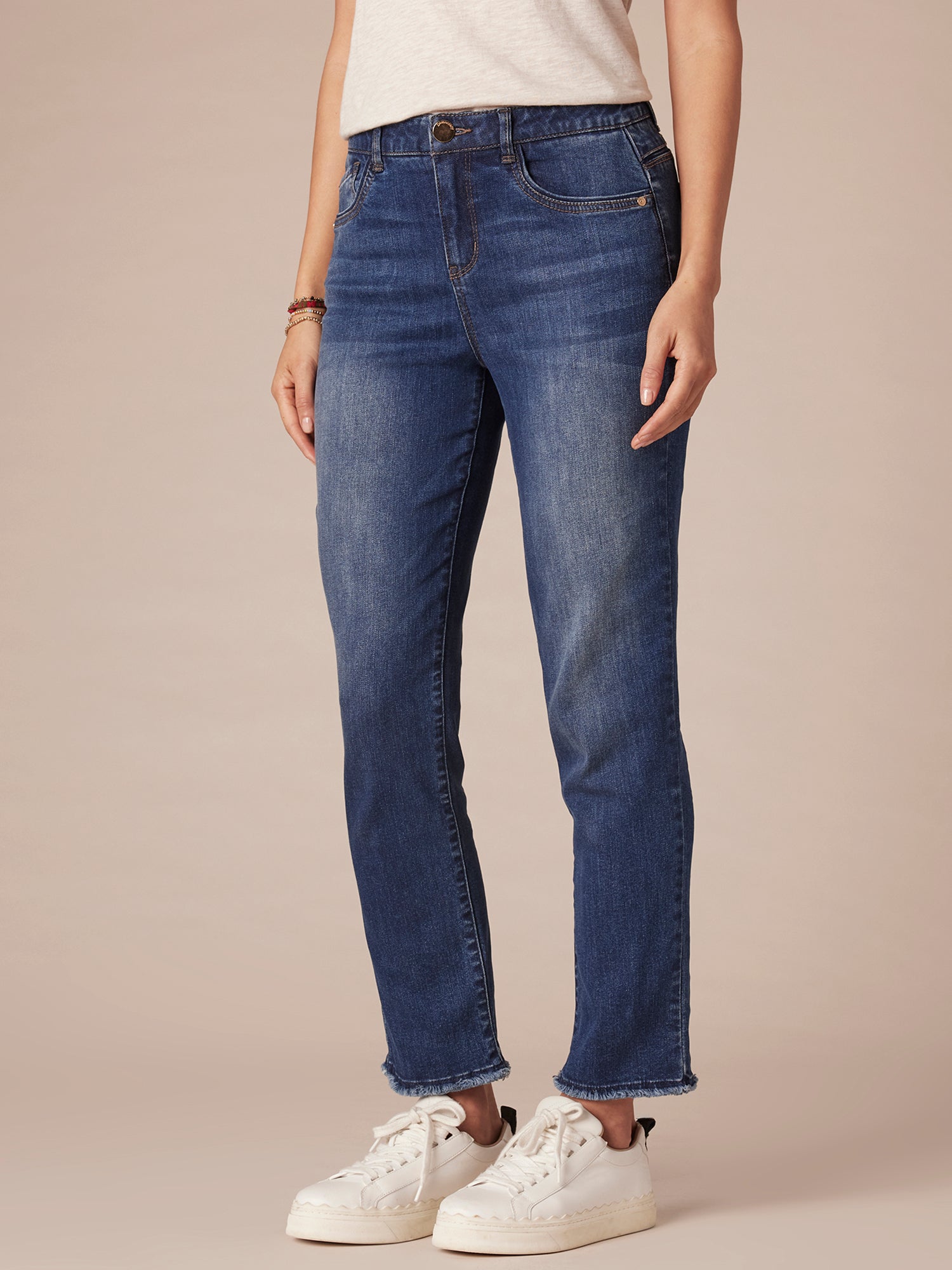 "Ab"solution High Rise Cascading Embroidered "D" Slim Straight Jean