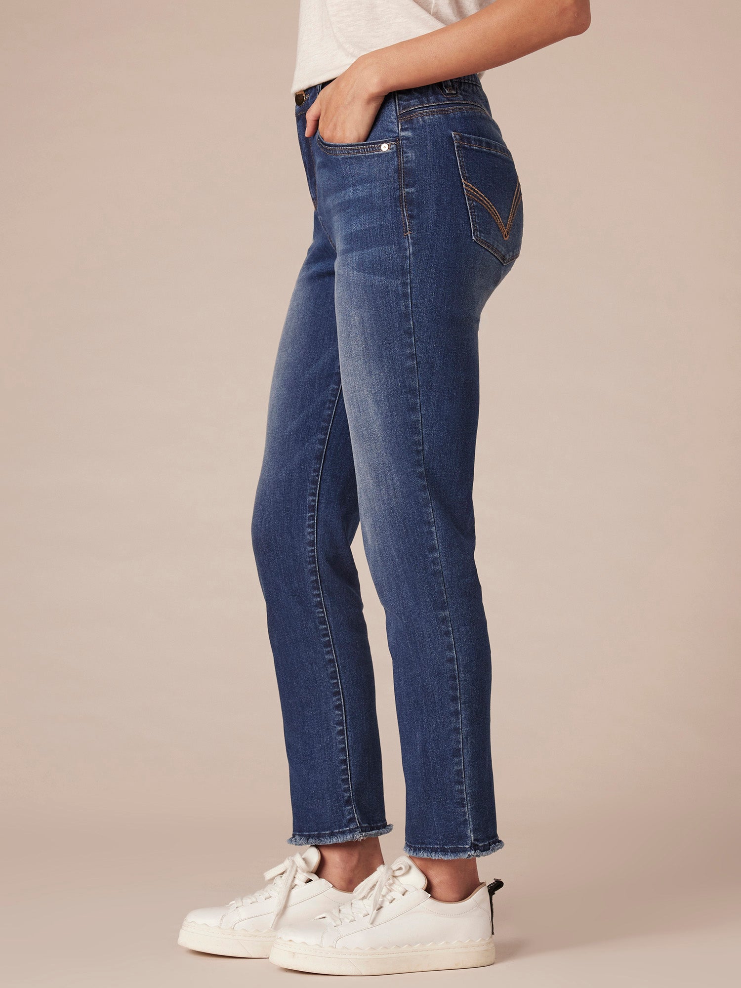 "Ab"solution High Rise Cascading D Fray Hem Slim Straight Petite Jeans