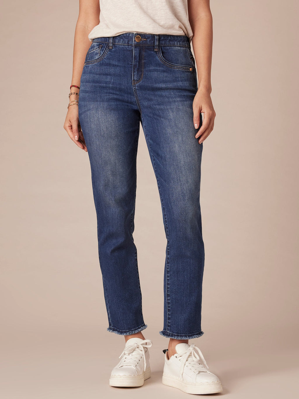 "Ab"solution High Rise Cascading Embroidered "D" Slim Straight Jean