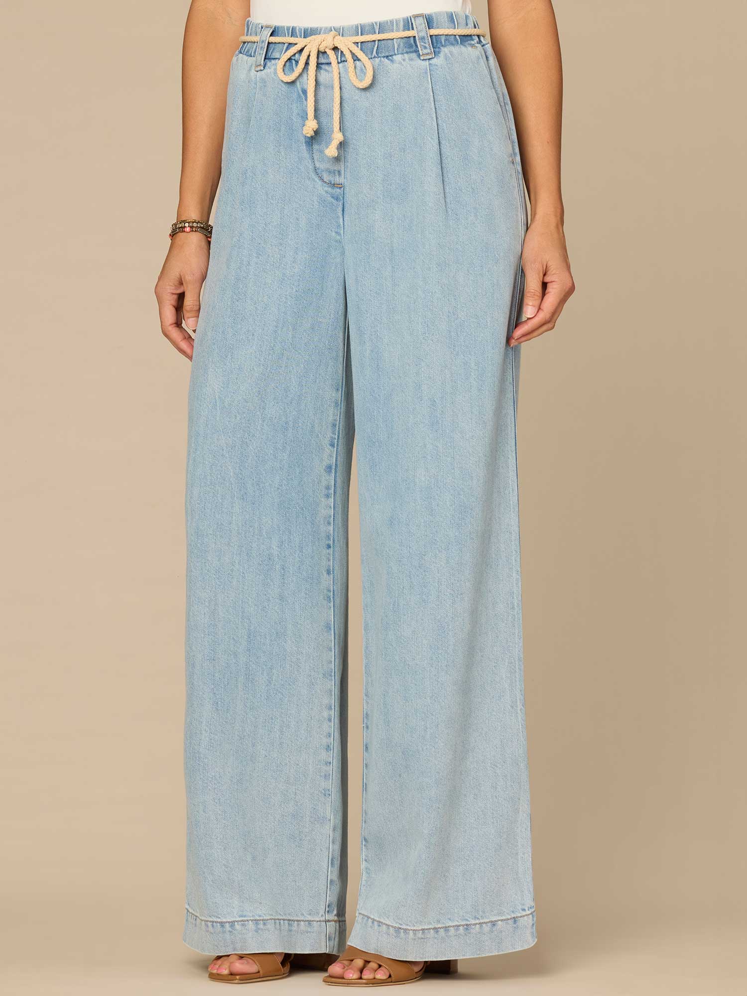 "Ab"leisure Skyrise Pleated Spade Pocket Wide Leg Jeans with Rope Belt