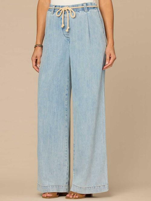 "Ab"leisure Skyrise Pleated Spade Pocket Wide Leg Jeans with Rope Belt