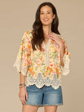 Below Elbow Sleeve V-Notch Neck Scallop Edge Peplum Hem Woven Top