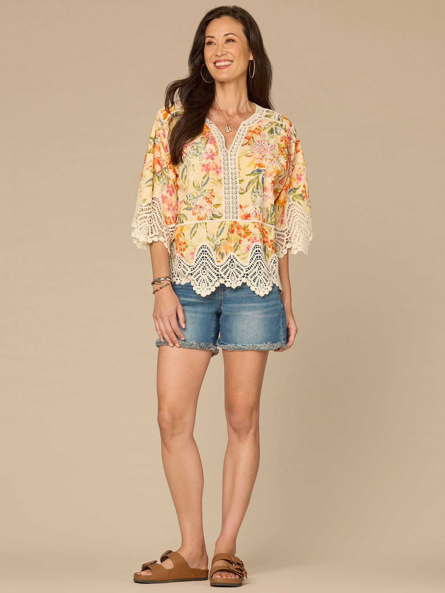 Below Elbow Sleeve V-Notch Neck Scallop Edge Peplum Hem Woven Top