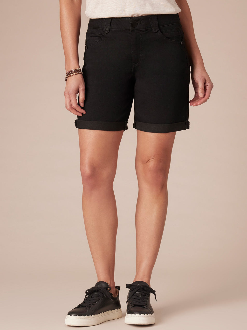 "Ab"solution® Mid-Rise Black Roll Cuff Petite Short