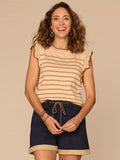 Crochet Ruffle Sleeve Round Neck Striped Sweater Top