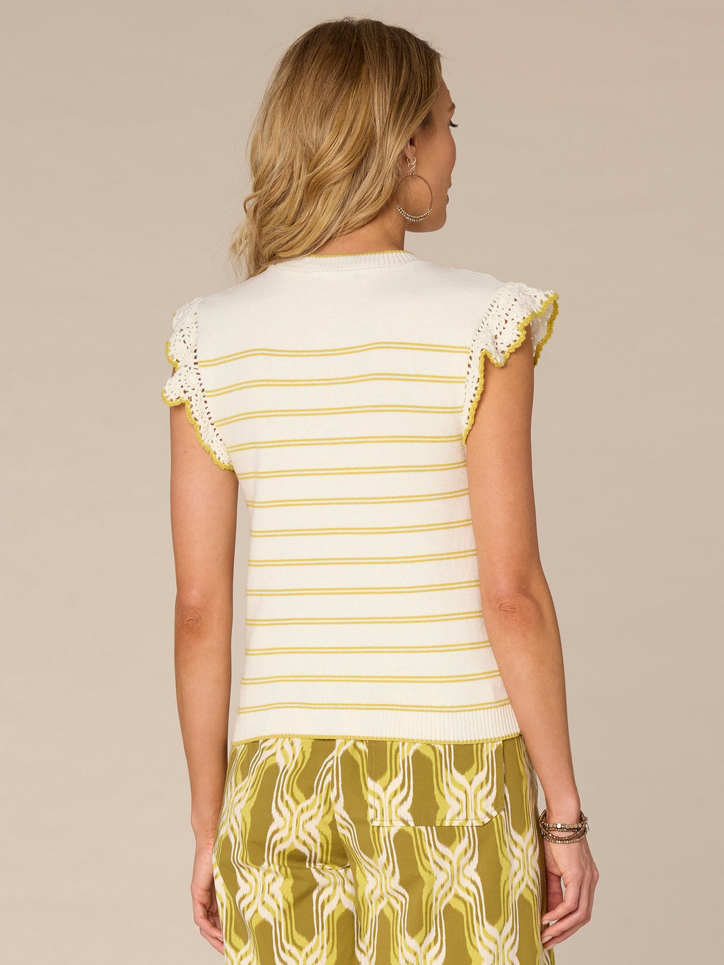 Crochet Ruffle Sleeve Round Neck Striped Sweater Top