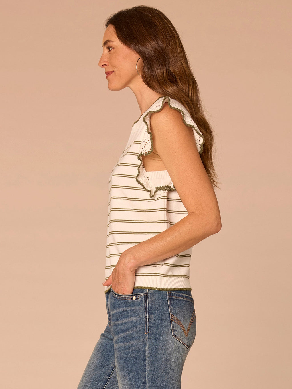 Crochet Ruffle Sleeve Round Neck Striped Sweater Top