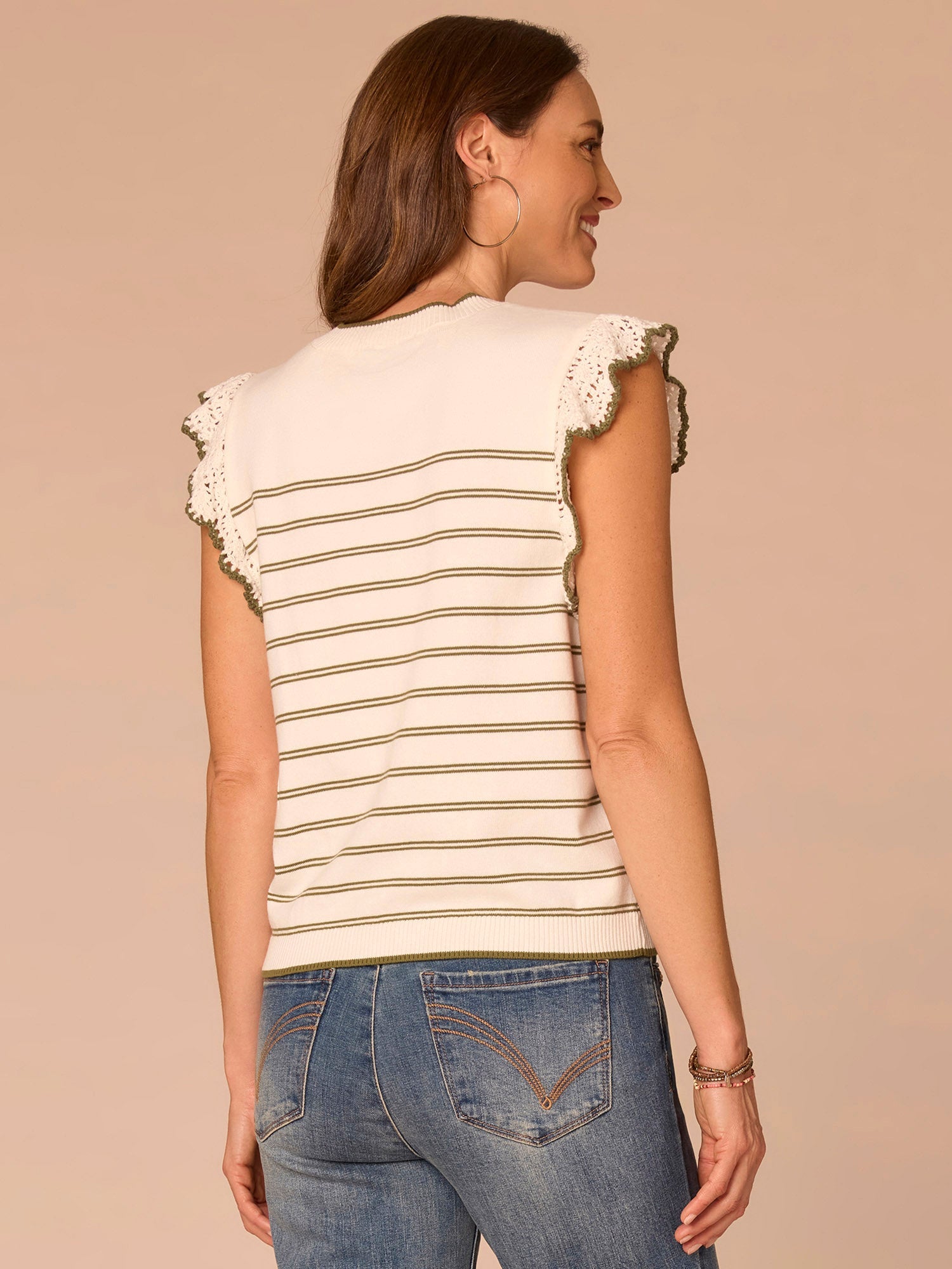 Crochet Ruffle Sleeve Round Neck Striped Sweater Top