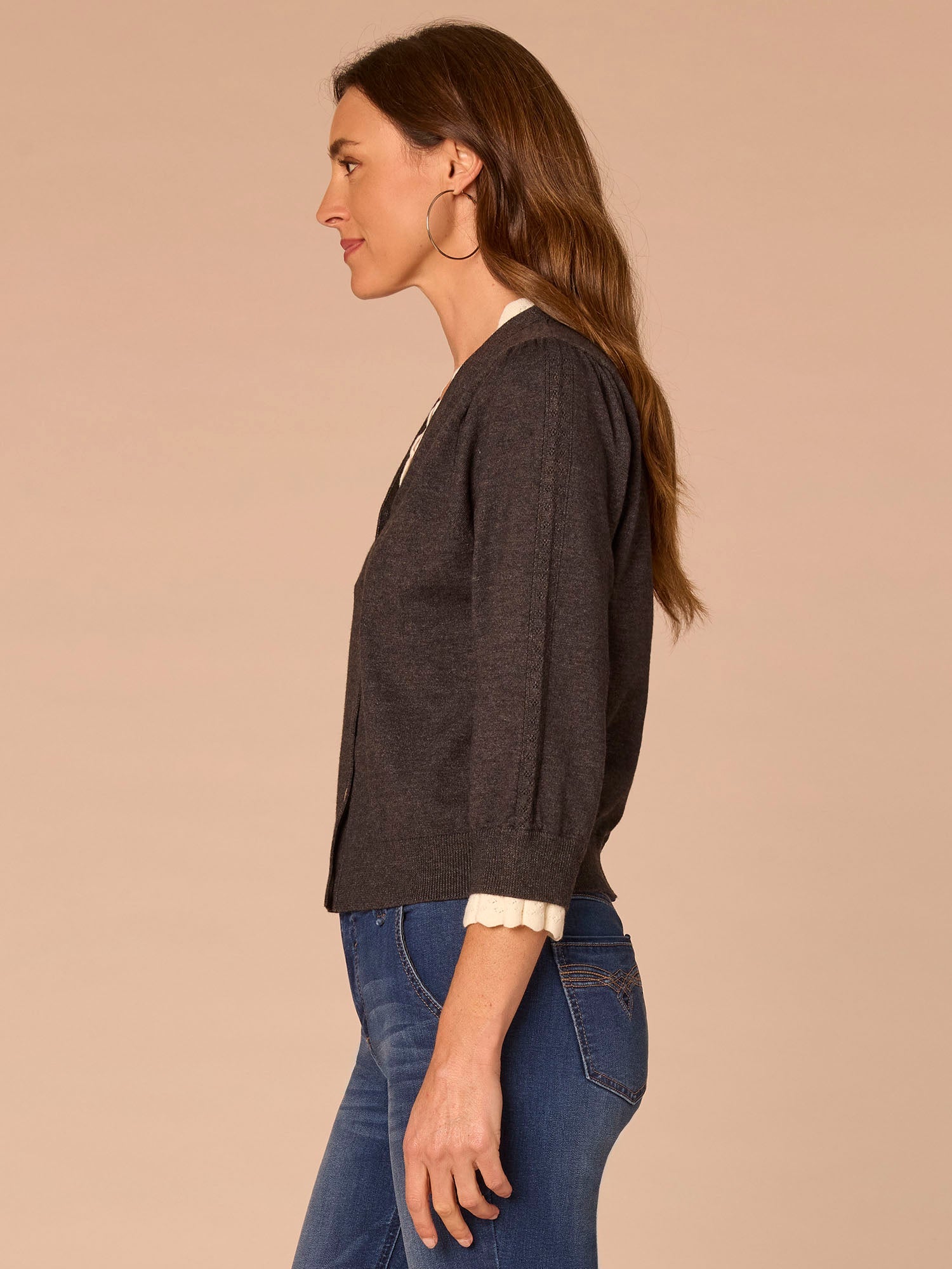Double Layer Three Quarter Sleeve V-Neck Button Down Sweater Cardigan