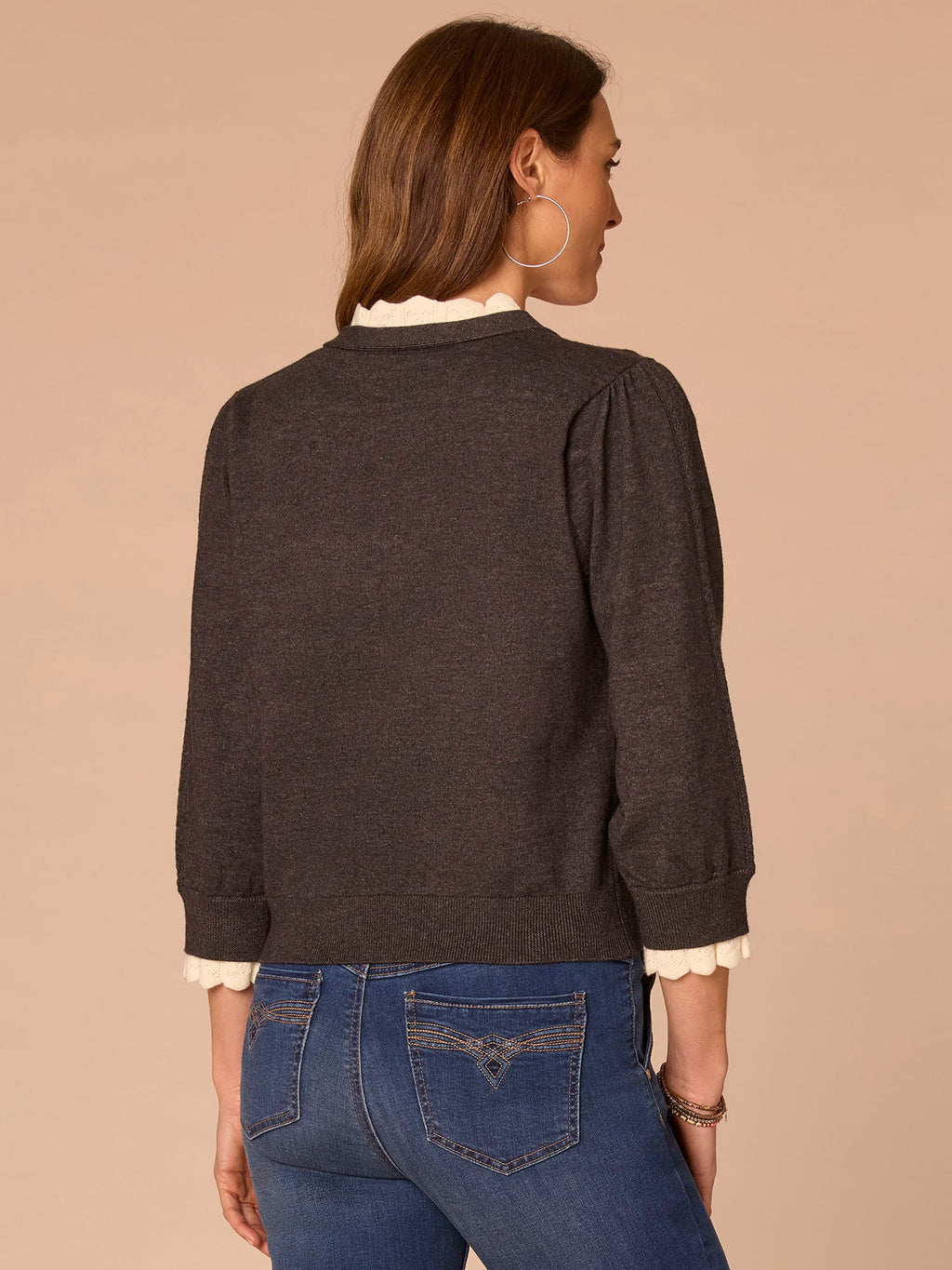 Double Layer Three Quarter Sleeve V-Neck Button Down Sweater Cardigan