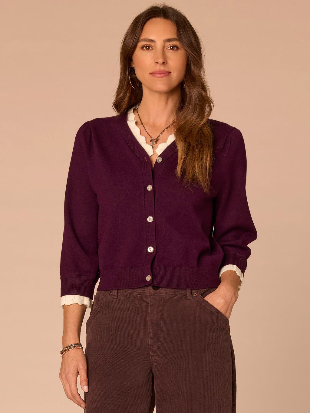 Double Layer Three Quarter Sleeve V-Neck Petite Sweater Cardigan