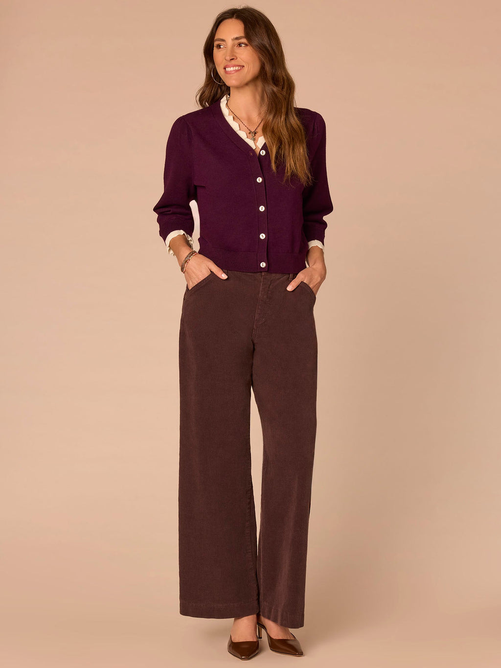 Double Layer Three Quarter Sleeve V-Neck Petite Sweater Cardigan