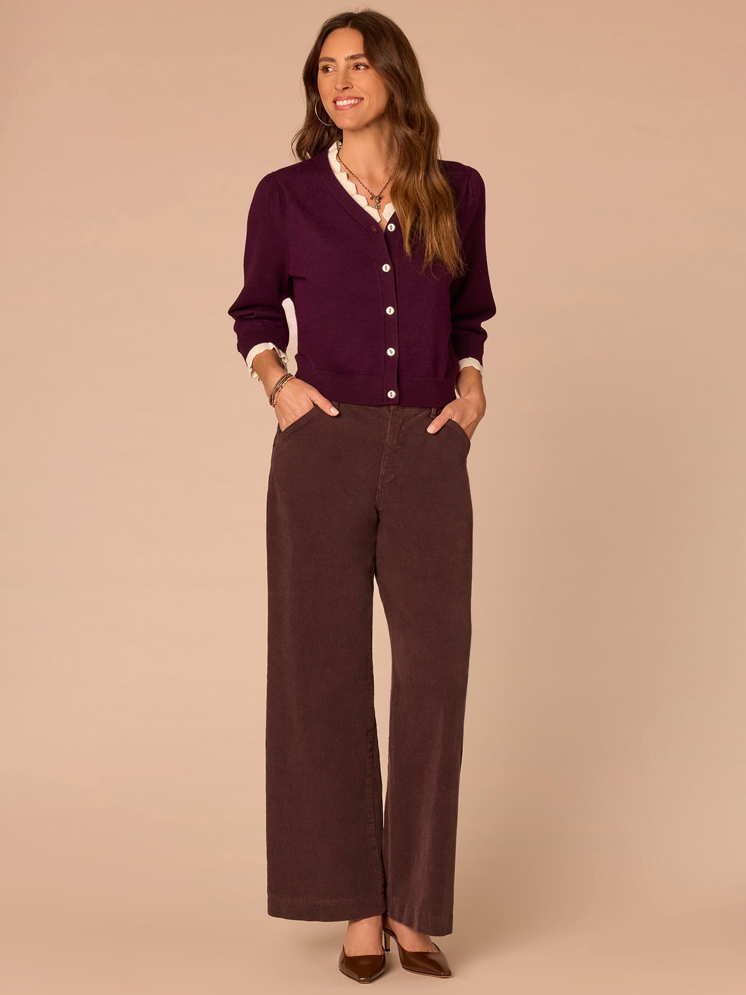 Double Layer Three Quarter Sleeve V-Neck Petite Sweater Cardigan