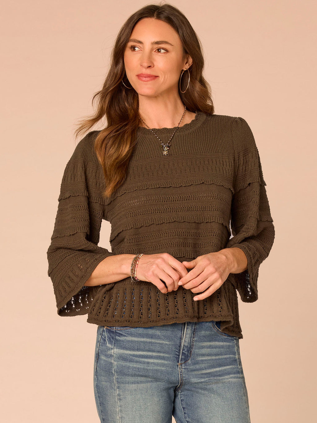 Bell Sleeve Round Neck Scallop Edge Variegated Stitch Mix Sweater