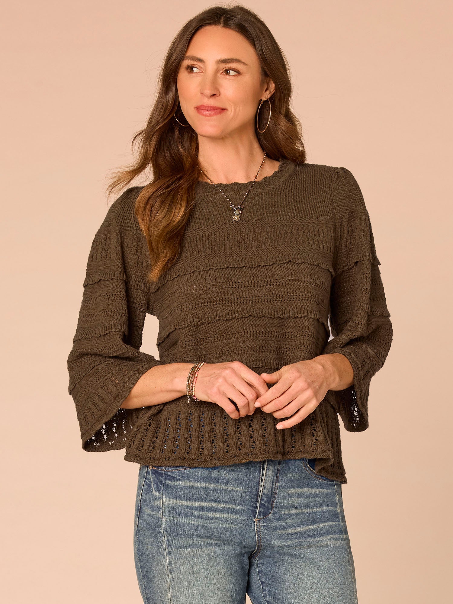 Bell Sleeve Round Neck Scallop Edge Variegated Stitch Mix Sweater