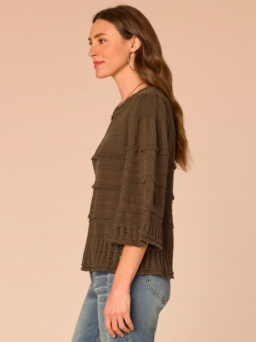 Bell Sleeve Round Neck Scallop Edge Variegated Stitch Mix Sweater