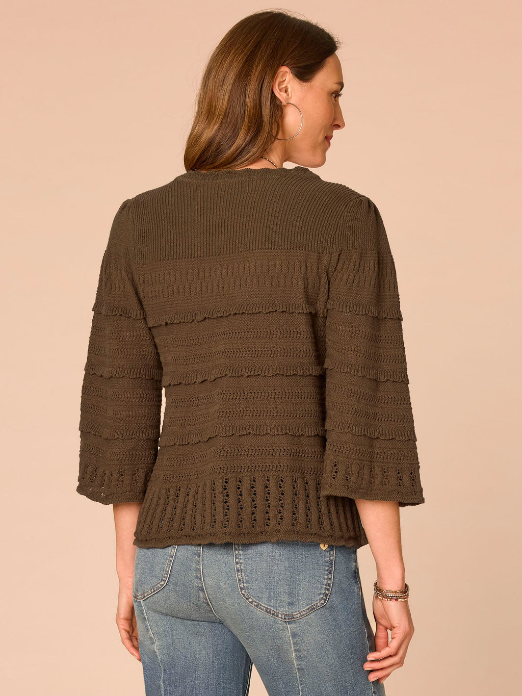 Bell Sleeve Round Neck Scallop Edge Variegated Stitch Mix Sweater