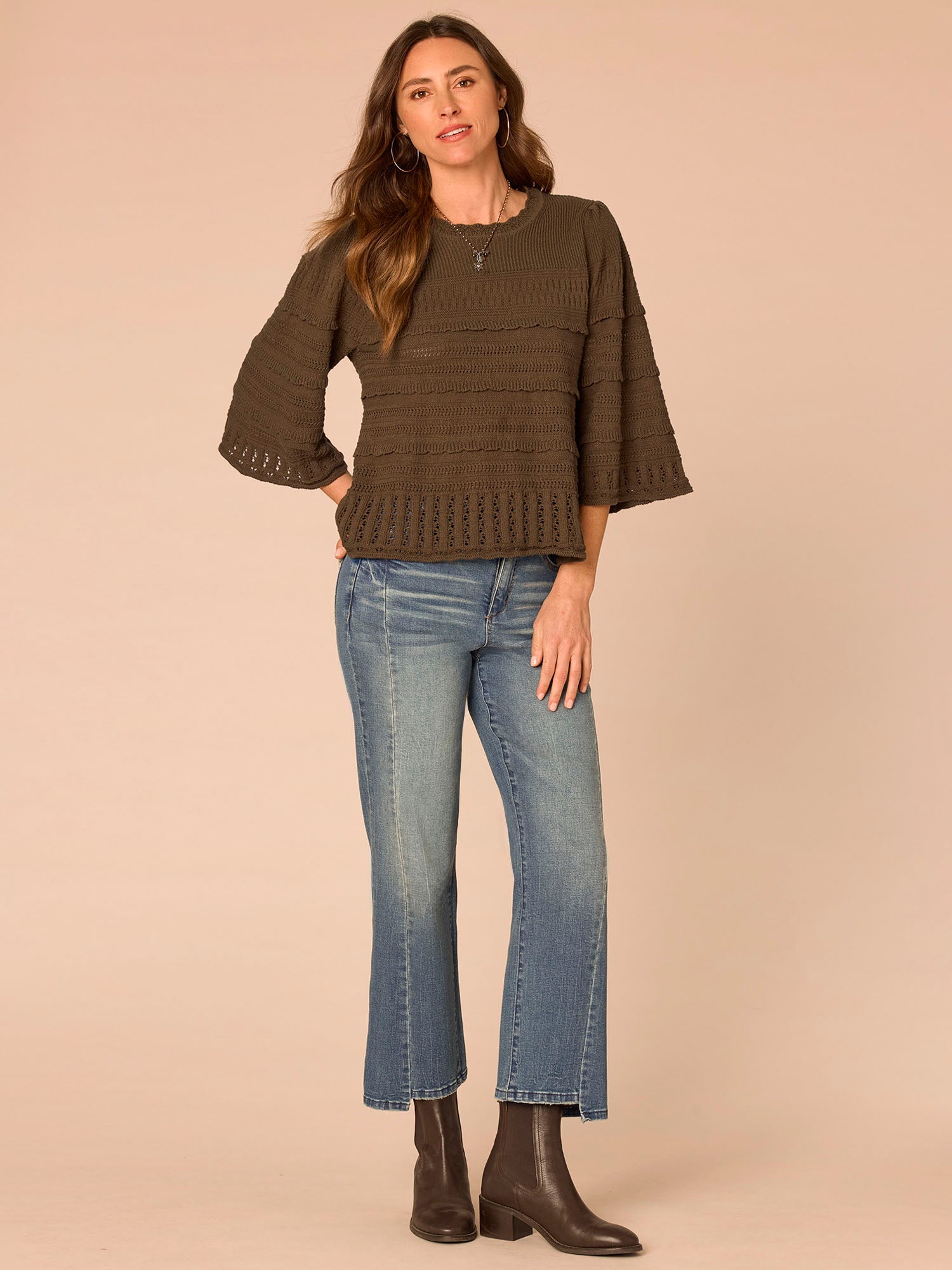 Bell Sleeve Round Neck Scallop Edge Variegated Stitch Mix Sweater